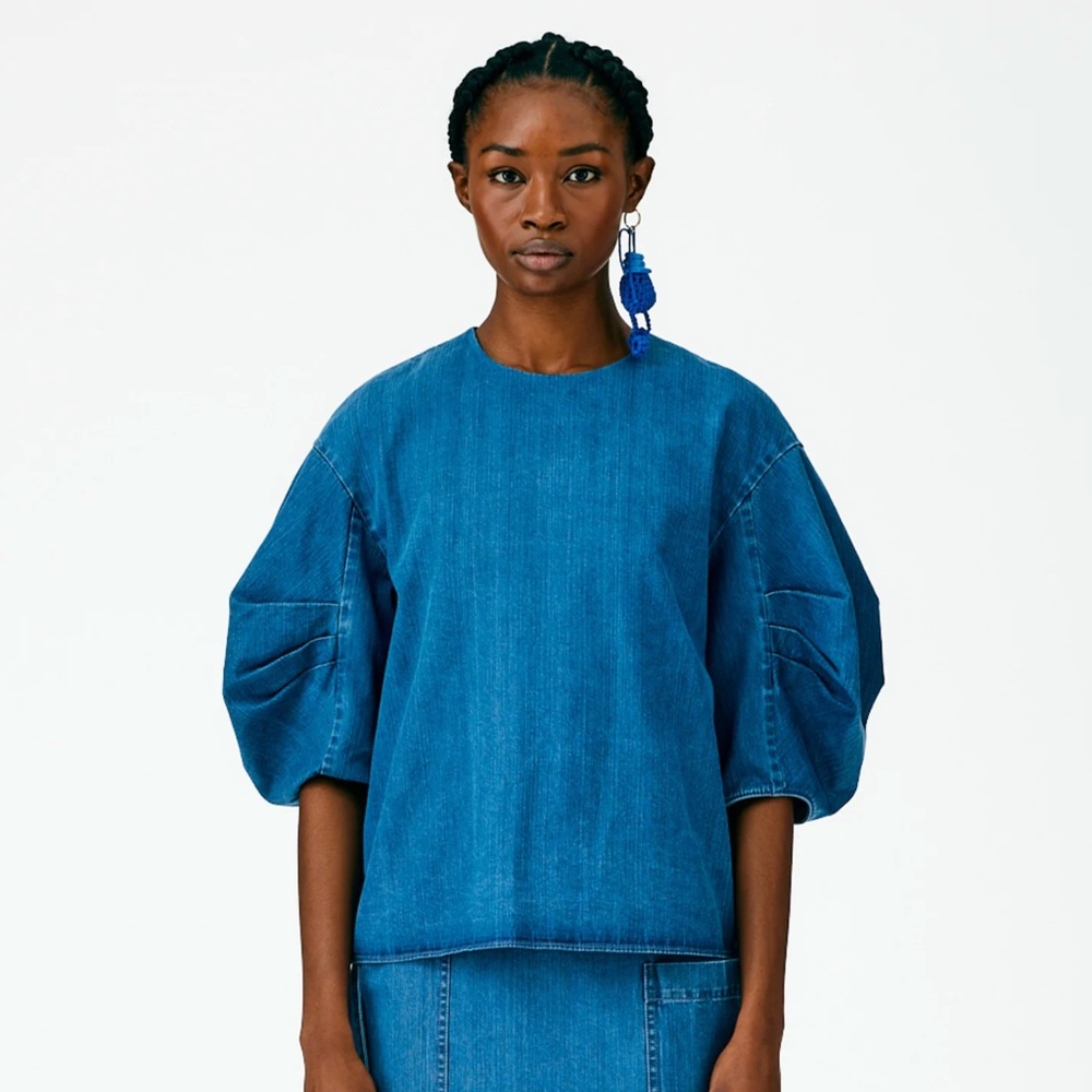 Tibi Summer Denim Pleat Sleeve Top - Size 8